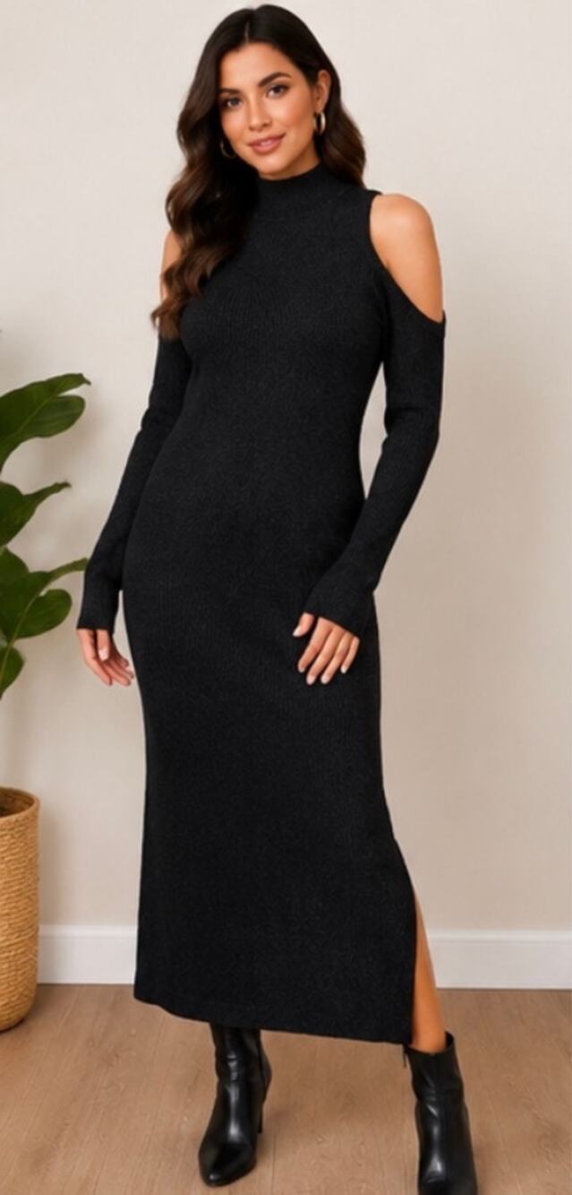 Madden Girl Black Ribbed Cold Shoulder Midi Dress Size Medium